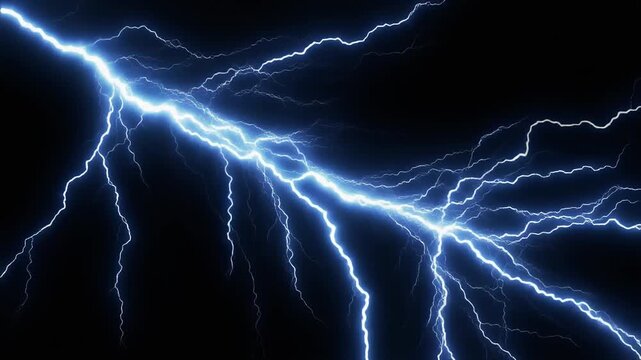 漆黒の背景に青白い巨大な稲妻が斜めに走り無数の細い電撃と青い放電が四方へ広がる