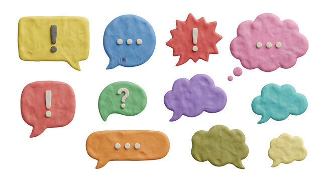 Handmade plasticine speech bubbles set, colorful clay talk clouds with punctuation, textured modeling clay icons on white