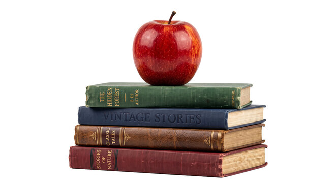 Stack of antique books topped with a ripe red apple, symbolizing knowledge