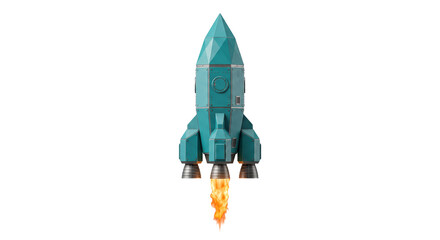 Retro teal rocket blasting off with fiery exhaust against a white background © Sapphire