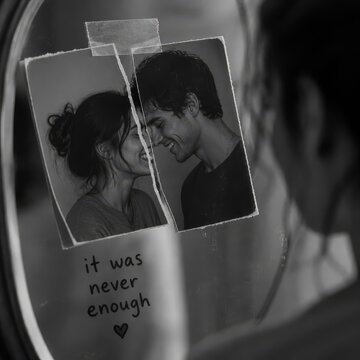 Broken memories of a couple reflected in a mirror with a sad message