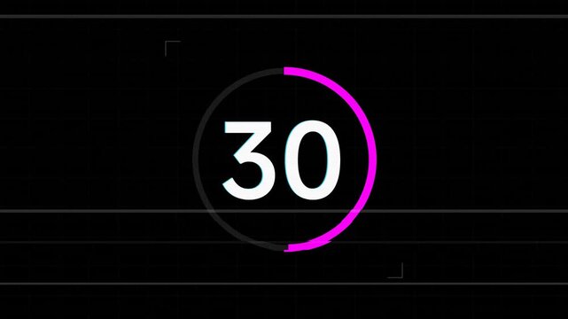 Countdown timer displays the number thirty in a bold white font surrounded by a glowing magenta circular progress bar set against a dark background.