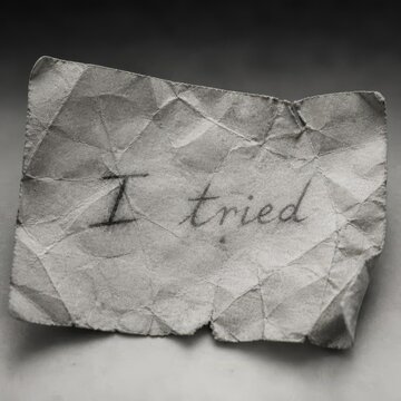 Crumpled paper with 'I tried' message reflects effort and struggle