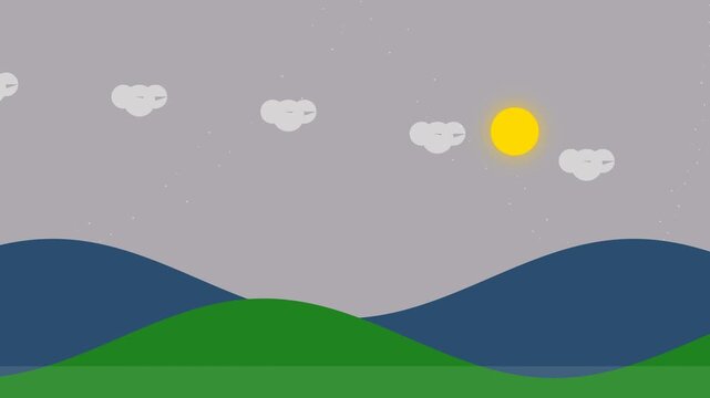 Landscape illustration features rolling green hills under a minimalist sky with a bright yellow sun and soft white clouds arranged in a flat graphic design style for creative background projects.