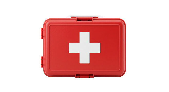 Red first aid kit with white cross symbol for emergency medical supplies