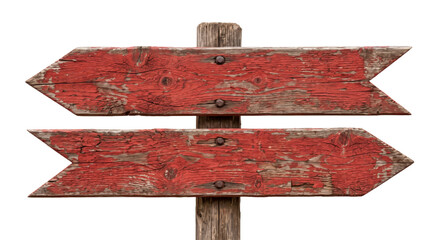 Weathered red wooden signpost with arrows pointing in opposite directions © Sapphire