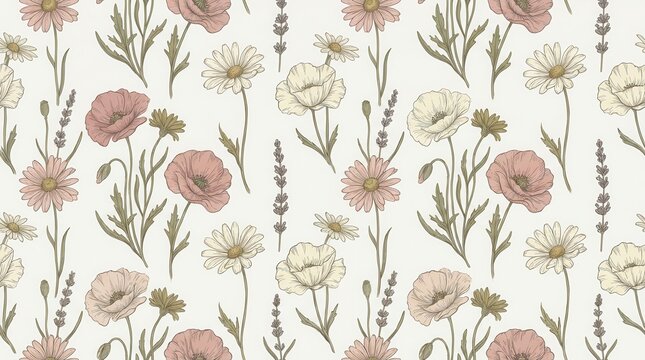 Elegant floral pattern featuring vibrant wildflowers on a gentle pastel backdrop