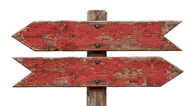 Weathered red wooden signpost with arrows pointing in opposite directions