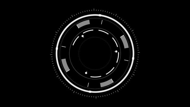 HUD interface element features a circular loading graphic with segmented rings and white digital markers set against a solid black background for user experience design.