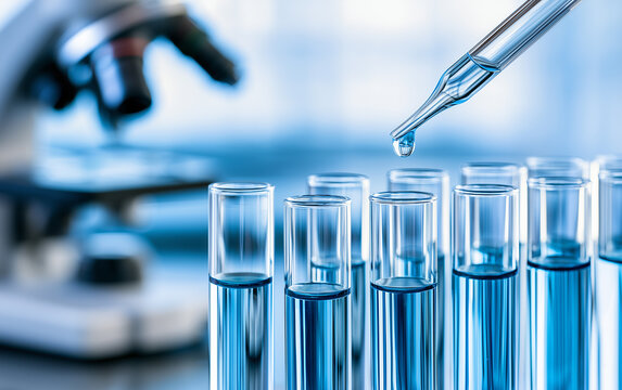 Dripping liquid from pipette into test tube in laboratory, closeup