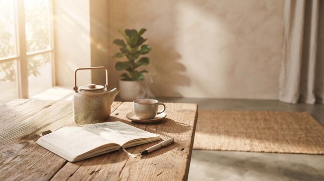 Slow living and self-care concept showcasing a rustic table with a ceramic teapot, journal, and eucalyptus branch in warm morning sunlight, perfect for wellness web banners and lifestyle blog headers.