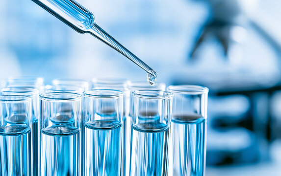 Dripping liquid from pipette into test tube in laboratory, closeup
