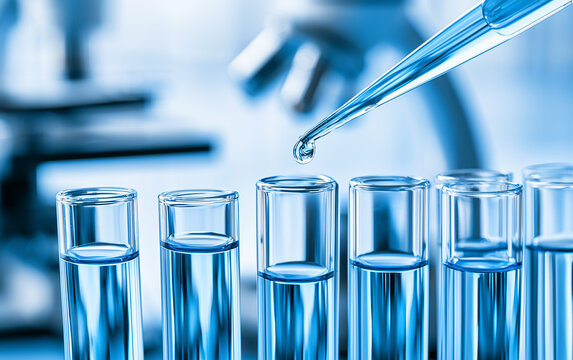 Dripping liquid from pipette into test tube in laboratory, closeup