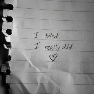 Handwritten message I tried I really did on crumpled paper with heart