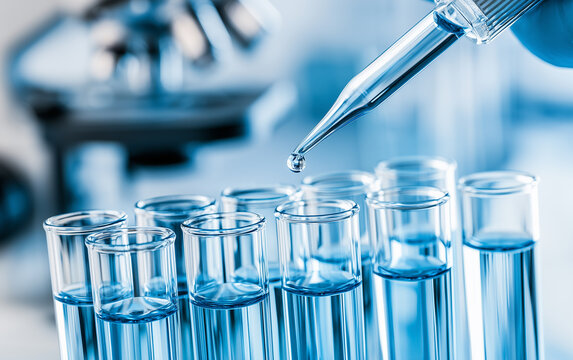 Dripping liquid from pipette into test tube in laboratory, closeup