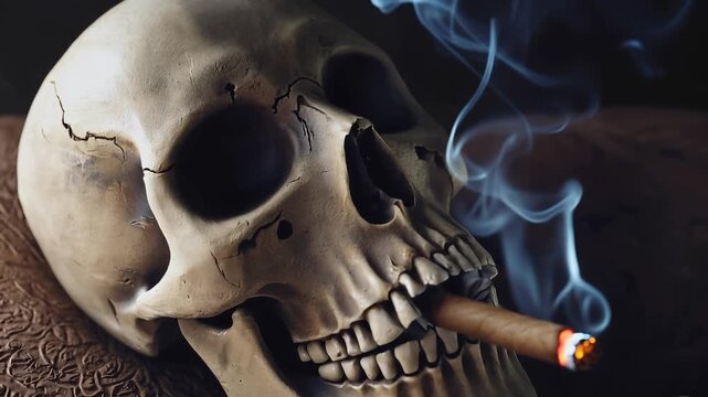 Skull Smoking Cigar with Smoke - Morbid Still Life Composition for Halloween, Gothic, and Dark Art Themes.