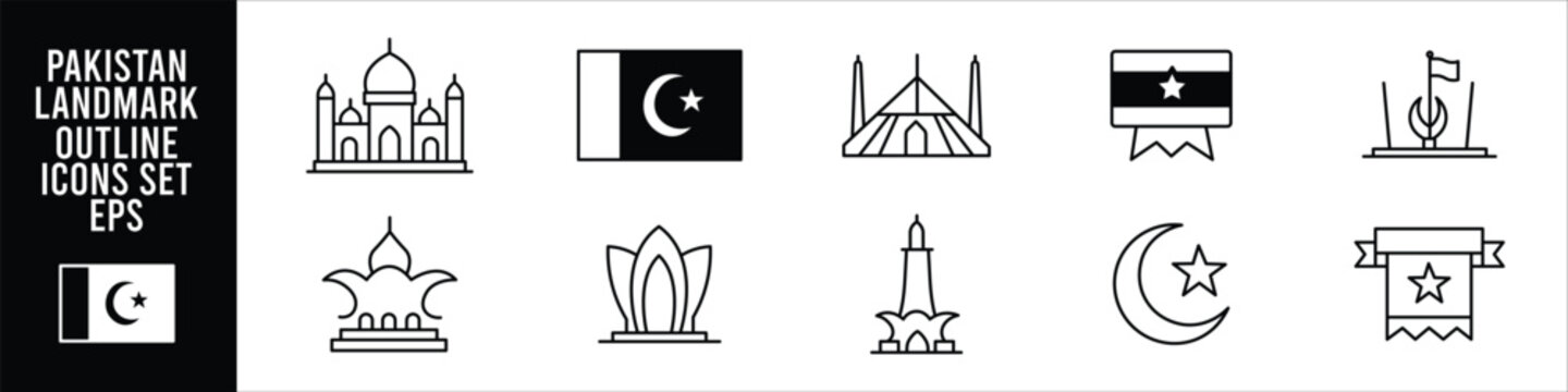 Minimal Pakistan landmark outline icon set featuring national flag monument mosque crescent badge memorial parliament and patriotic symbols for web application design