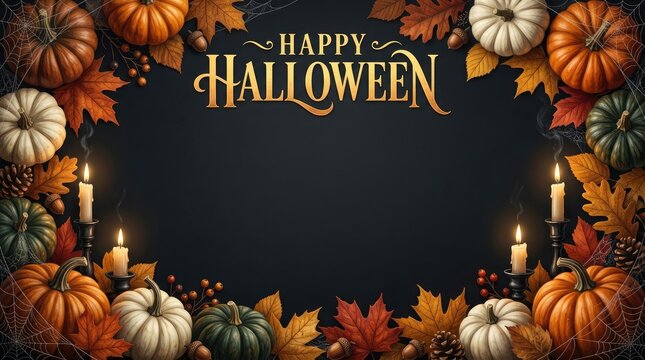 Happy Halloween greeting card template with pumpkins leaves and candles with copy space