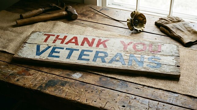 Rustic wooden sign saying thank you veterans on a workbench