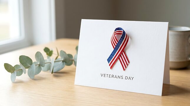 Patriotic american flag ribbon on a white card with eucalyptus