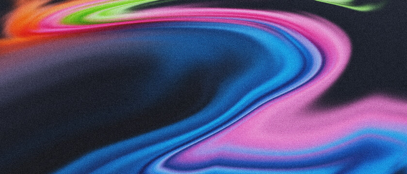 Granular dark void embracing luminous waves of magenta, azure, and orange-green ethereal liquid, ideal for technology backgrounds.