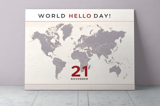 World hello day celebration on november 21st with world map background, november