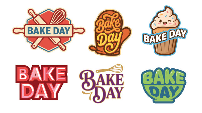 A diverse assortment of 'Bake Day' logo designs showcasing baking elements, ideal for culinary events, bakeries, or baking enthusiasts celebrating their love for baking.