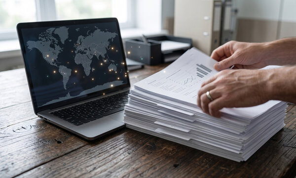 Close up of businessman hands organizing stack of paper documents beside laptop displaying global network world map on wooden desk, international business logistics concept