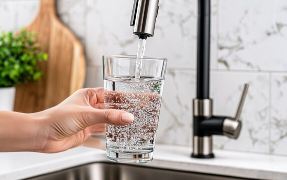 Woman filling glass with tap water from faucet in kitchen, closeup