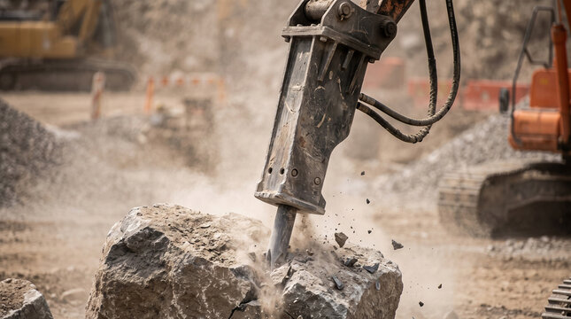 Extreme close-up of a heavy hydraulic hammer attached to an excavator crushing large boulders on a dusty construction site