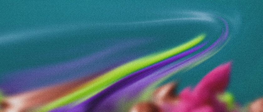 Fluid lime, violet, and rose hues drift on a granular teal canvas, accented by a delicate cyan arcing vapor, perfect for abstract digital art.