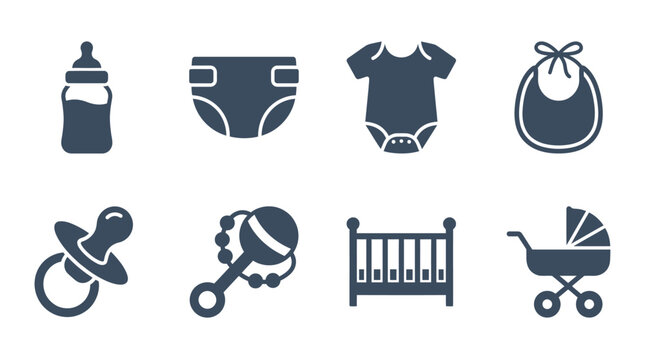 Baby care solid icon set featuring newborn accessories, nursery equipment and infant clothing for parental needs