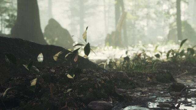 Sunlight shines through trees in a forest. The ground shows small plants, leaves, and patches of water. The scene seems quiet and natural, with light filtering through the trees.