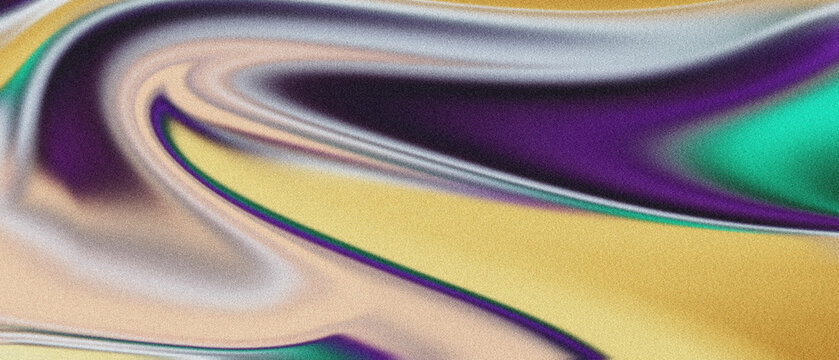 Granular liquid abstract with iridescent golden, deep purple, and vivid teal flowing, blending with soft grey, perfect for unique digital backgrounds.