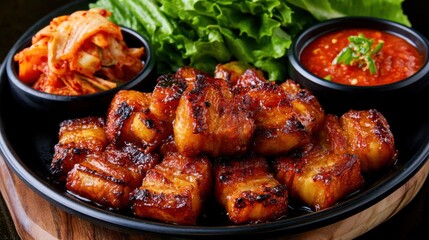 Fototapeta premium Grilled spicy pork belly with fresh green lettuce and traditional red chili sauce served with fermented cabbage side dish in black ceramic plate on wooden table