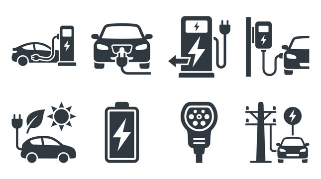 Electric vehicle charging station icons, set of 8 black vector symbols for EV infrastructure, sustainable green energy transport and battery power