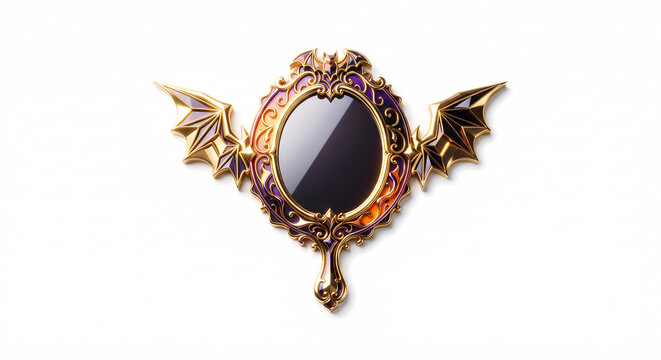 3D Isometric Winged Spooky Vanity Mirror, Handheld Mirror Frame Flanked by Gold Bat Wings.
