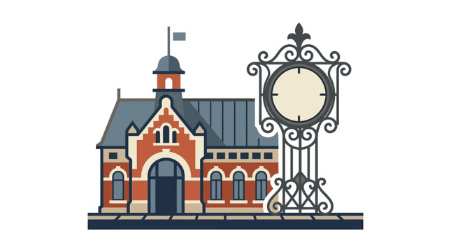A vintage railway station building with decorative clock tower
