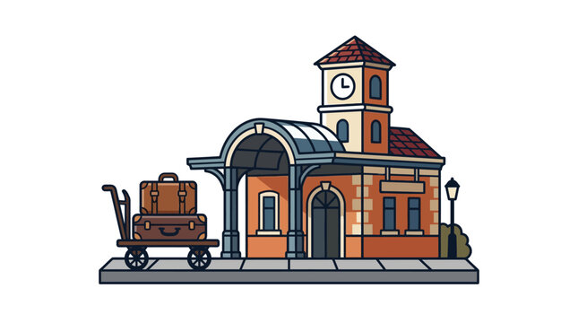 A vintage railway station building with luggage cart