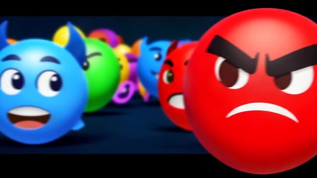Emoji faces pass camera with strong depth perspective, reaction animation, social media humor, chat sticker energy, viral engagement, audience feedback, playful app marketing, and online expression.