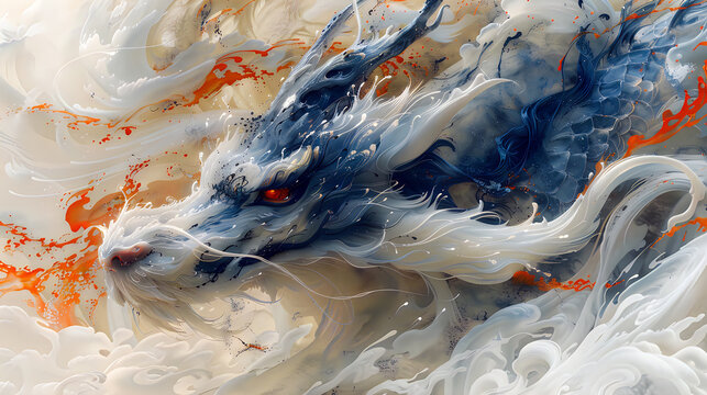 Abstract blue and white dragon head in ink wash style with orange accents.