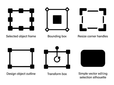 Vector tool icons: selected object, bounding box, resize, design, transform