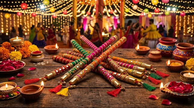 Colorful Dandiya Sticks with Diyas and Festive Decor on Wooden Table at Navratri Celebration Background Banner