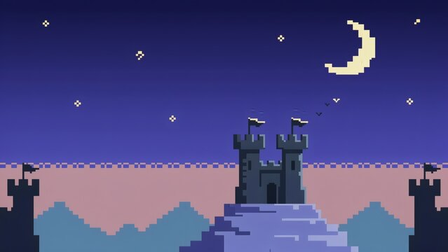 Pixel art castle scene under moonlit night sky with illustration architecture background silhouette pixelated adventure medieval fortress with gameplay