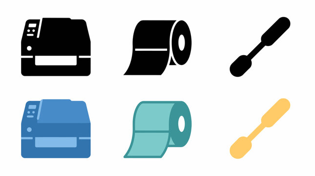 Icon set of printers, toilet paper rolls, and cotton swabs in various colors