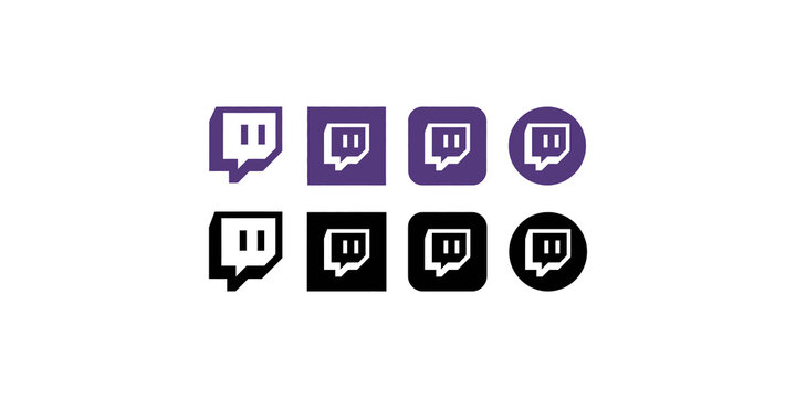Twitch logo collection in purple and black variations displayed against a transparent background, featuring various shapes and styles for digital content and streaming platforms.