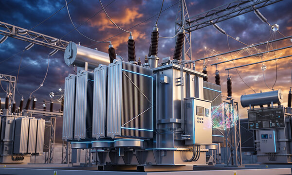 High voltage electrical power transformer in electric substation station at dramatic sunset sky, energy infrastructure and power grid supply concept
