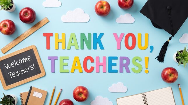 Top view of school supplies with colorful text celebrating happy teachers day and showing appreciation for educators on blue background
