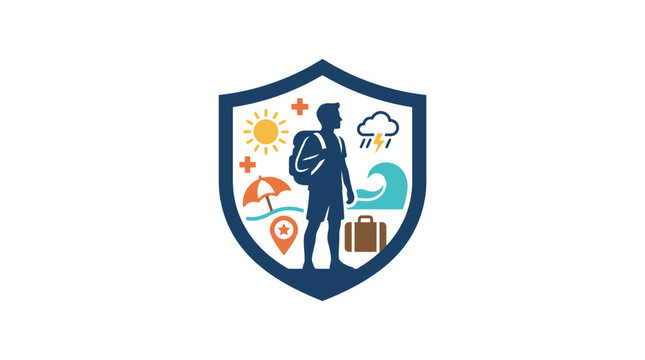 A blue travel shield emblem showcasing various holiday adventure icons