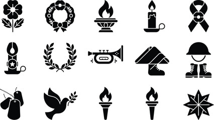 Naklejka premium Military remembrance icons collection. Memorial symbols, veteran tribute, peace dove, honor medals, patriotic emblems. Editable vector.